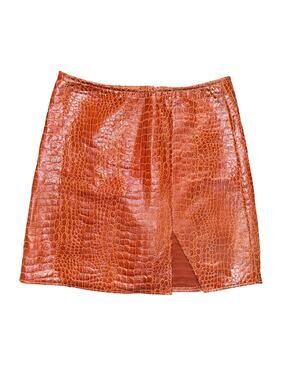 Motel Rocks Croc Embossed Faux Leather Mini Skirt Brown Slit Detail Medium